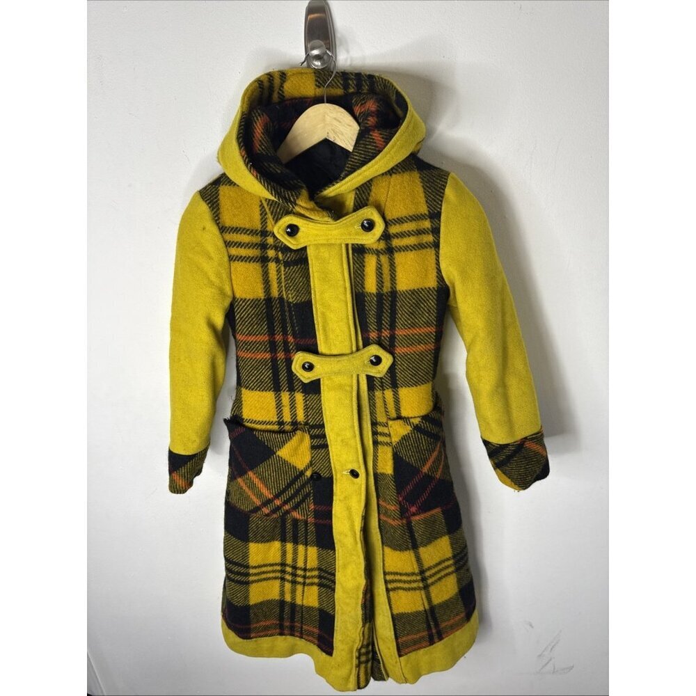 Vintage Niccolini Girls Wool Plaid Duffle Coat Hooded‎ Yellow Black Red Youth XL